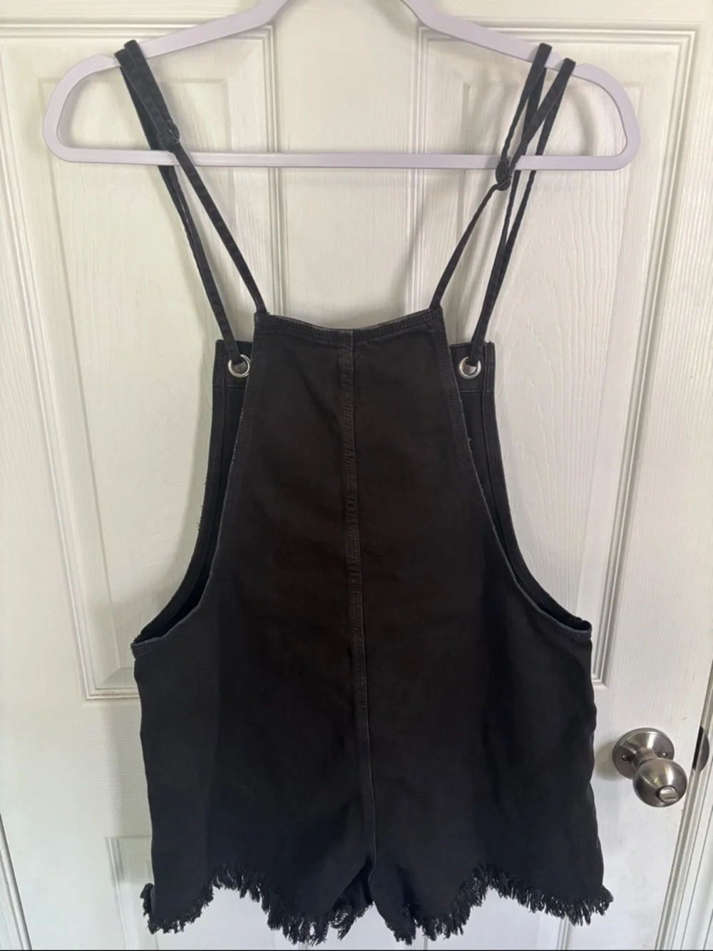 aerie Black Frayed Hem Denim Short Overalls Romper - Picture 5 of 8